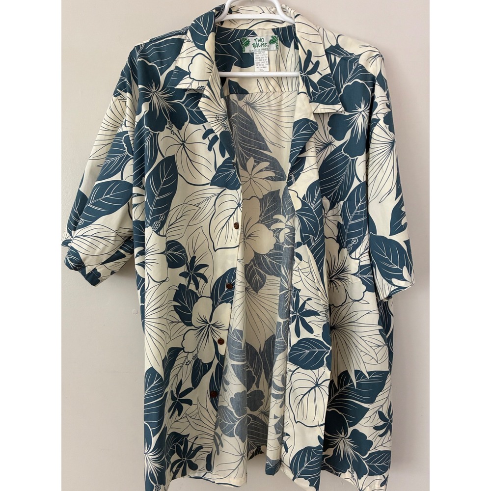 Two Palms Hawaiian Shirt Mens 2XL Blue White Floral Hibiscus Cotton Made Hawaii